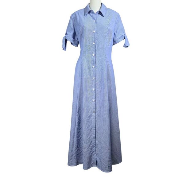 T Tahari Collared Button Down Dress Size 6 Blue Striped Midi Fit Flare - Picture 3 of 15